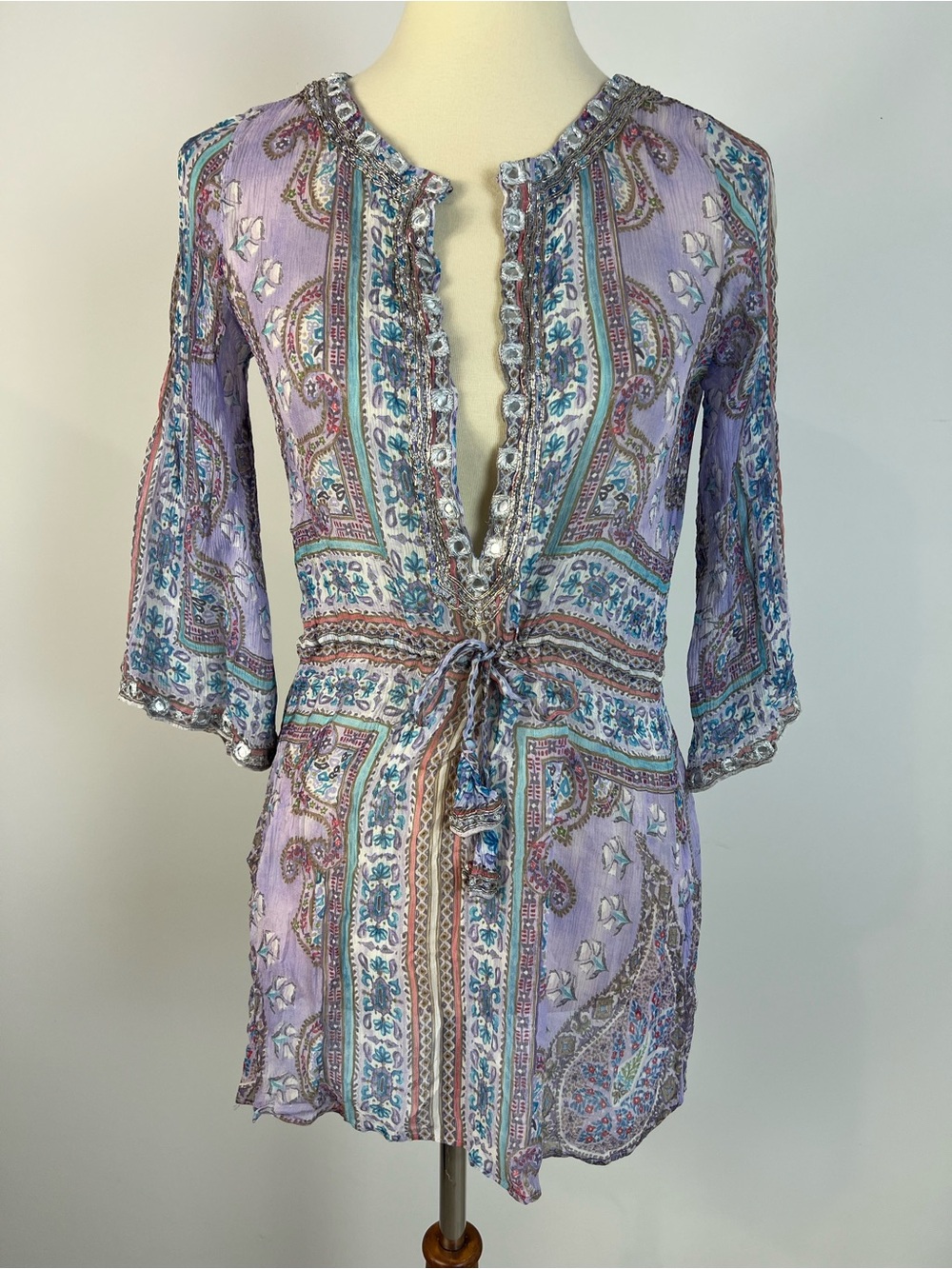 Calypso St. Barth Silk Purple Paisley Embellished Sheer Swim Coverup Tunic XS